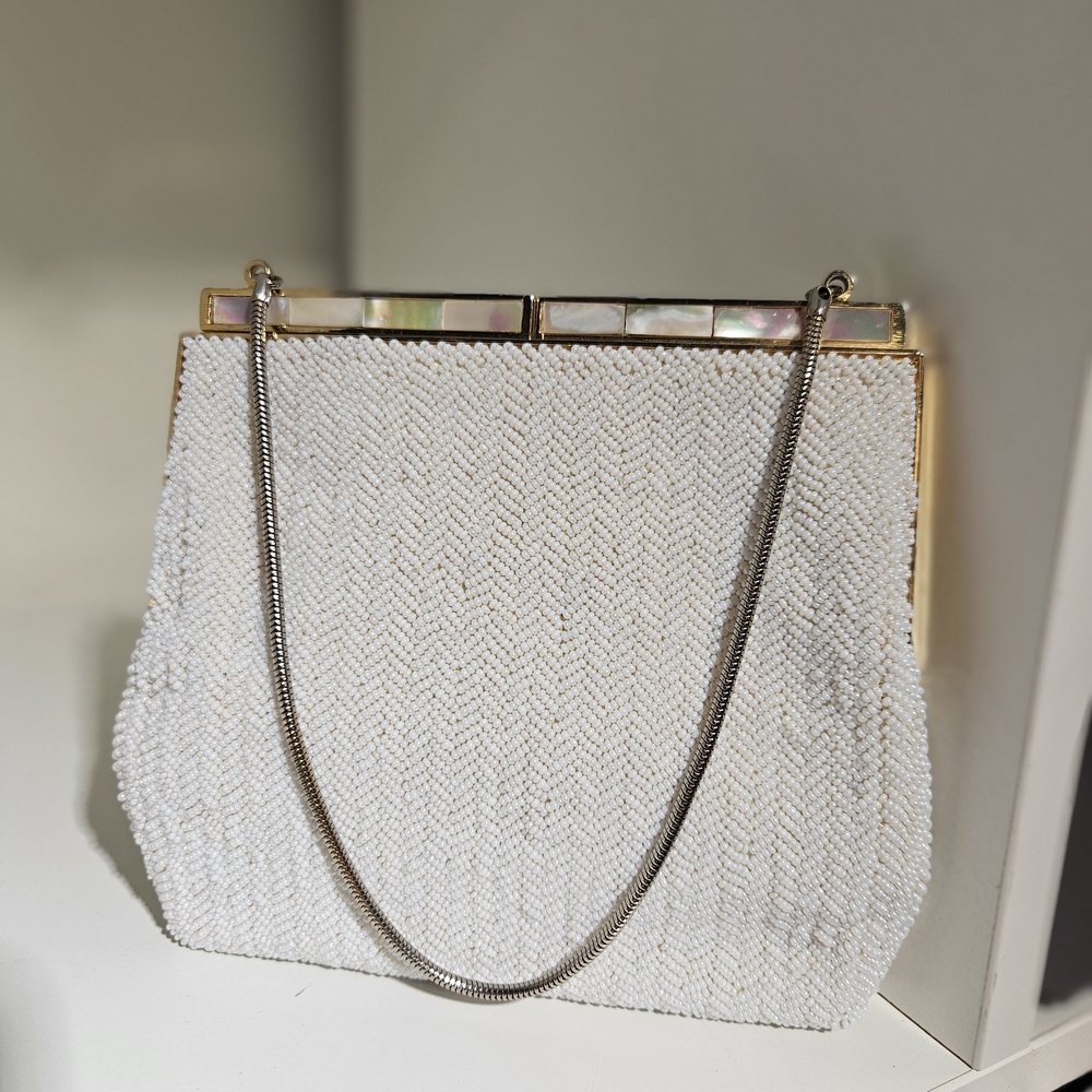 Evening Bag Mother Of Pearl & Glass Seed Beads MOP Purse Vtg Simpsons